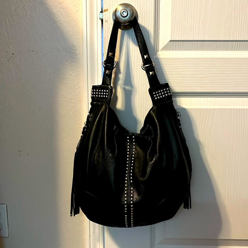 B. Makowsky handbag black silver shoulder bag with a cheetah lining